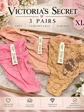Victoria's Secret Women's 3-Pack Lace Thong Panties - Pink, Blush & Tan